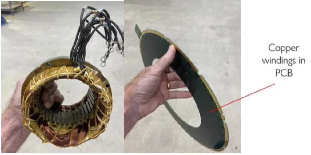 FIGURE 9:IRON CORE IN A STATOR OF A RADIAL FLUX MOTOR VS PCB STATOR OF AN AXIAL FLUX MOTOR (FALTER, 2023)