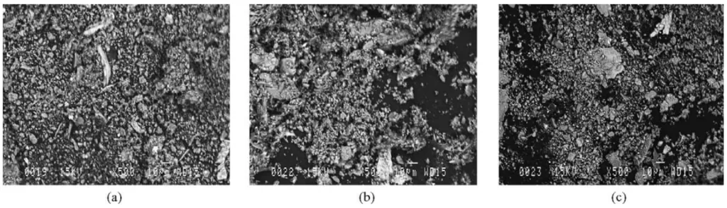 Fig. 8. Wear debris of: (a) AS21 alloy; (b) AZ91D alloy; (c) Al-CA 313 alloy.