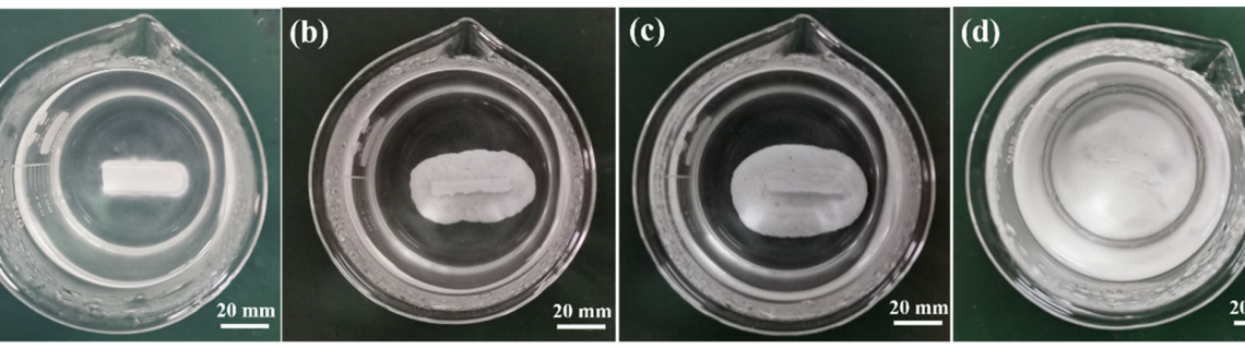 Figure 4. Water-soluble experiments of the KNO3-based salt core strengthened by 30 wt.% glass fiber (size = 25 lm) in 80 C water: (a) 0 min; (b) 6 min; (c) 12 min; (d) 18 min