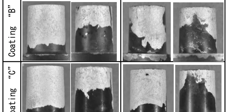 Fig. 7. Appearance of coated core-pins after 18 shots. The geometry of a pin is 8 mm diameter with 10 mm height. Severe soldered parts and the most slightly soldered part around a pin are shown.