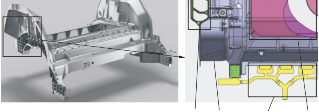 Fig.1 Die casting and local structure of automobile rear cabin