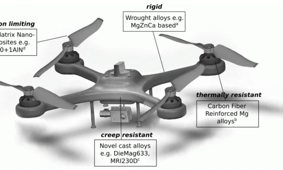 FIGURE 2 | Possible Mg-based alloys/hybrid materials for application in aerial vehicle construction like a quadcopter. Exemplified sources for further information about the materials are a: Naghdi et al. (2016), b: Dieringa et al. (2004), c: Gavras et al. (2019), d: Dieringa et al. (2017).