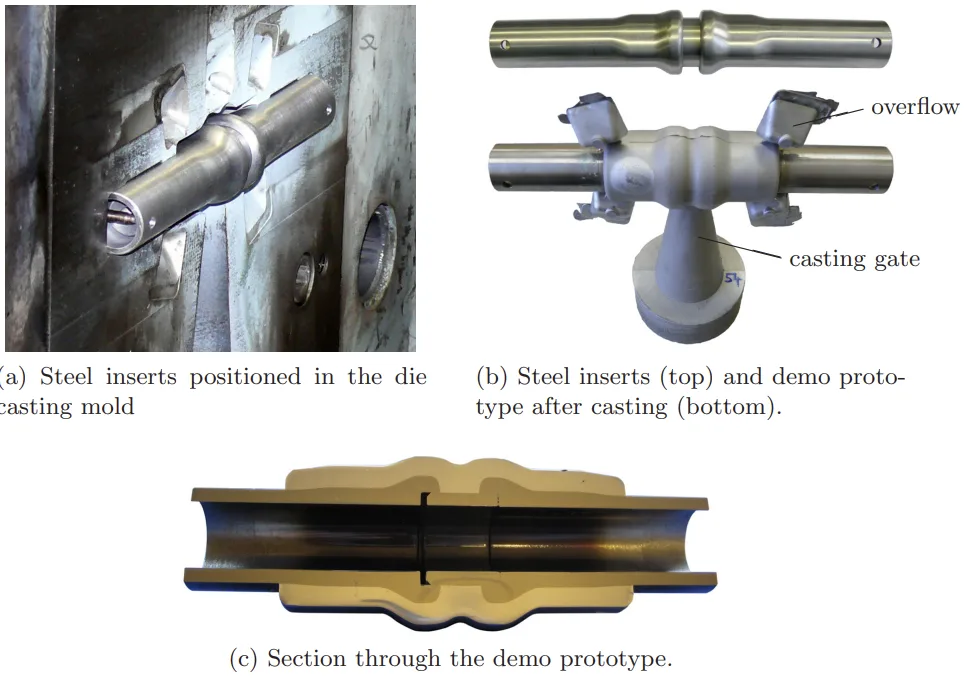 Figure 7.4: Manufacturing of the demo prototype. Pictures courtesy of Leichtmetallkompetenzzentrum Ranshofen.