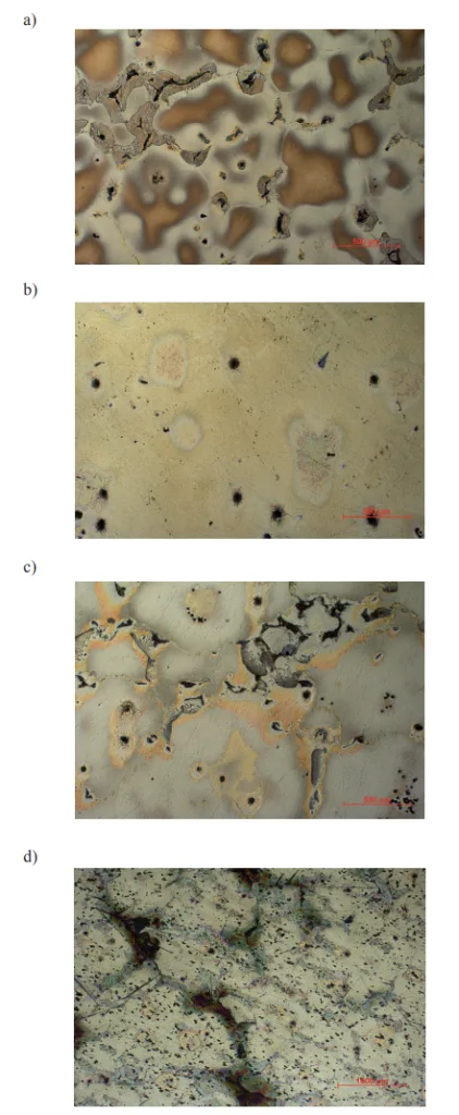 Fig 1. Microstructure alloy MCMgAl6Zn1: a) without heat treatment – 0, b) after heat treatment – 2, c) after heat treatment – 3, d) after heat treatment – 4