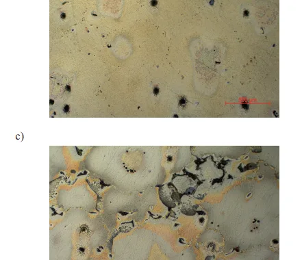 Fig 1. Microstructure alloy MCMgAl6Zn1: a) without heat treatment – 0, b) after heat treatment – 2, c) after heat treatment – 3, d) after heat treatment – 4