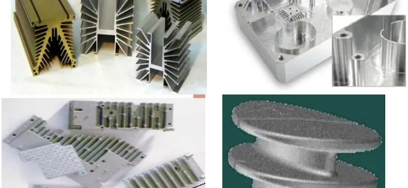 Figure 9: Aluminum extruded 2D heat sinks (top left), aluminum machined heat sink (top right), zinc cast heat sinks (bottom left) [8], and new generation zinc cast heat sink (bottom right).