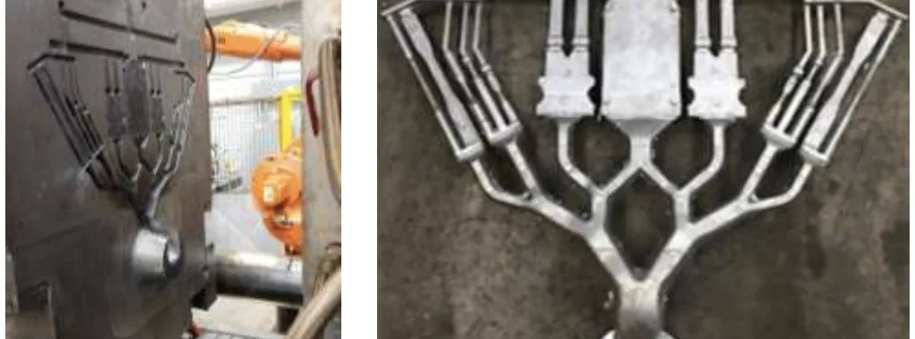 Figure 1. (a) Image of “test specimen” HPDC die used in this study, (b) Image of “test specimen” casting using Nemalloy HE700.