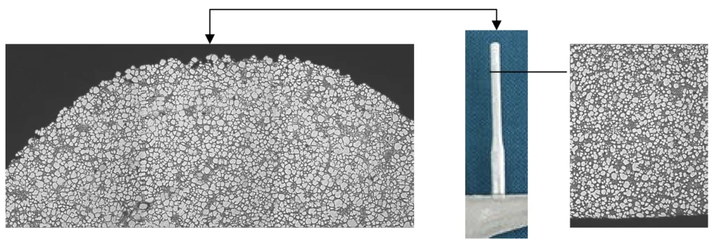 Figure 2. Photograph and micrographs showing the laminar flow front during mould filling.