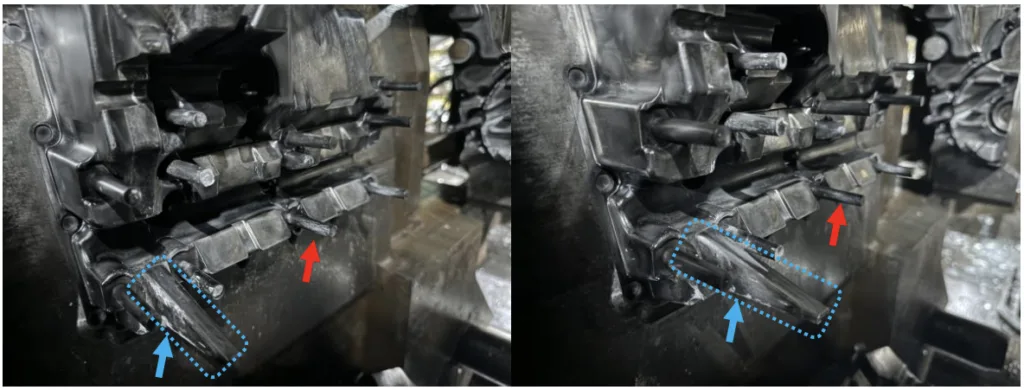 Figure 6.8: Moving half of die after 100 shots of A380 (left) and after 100 shots of
A380Mg0.6 (right). Red and blue arrows indicate two examples where the solder was
reduced on the core pin from the control run to the Mg addition run.