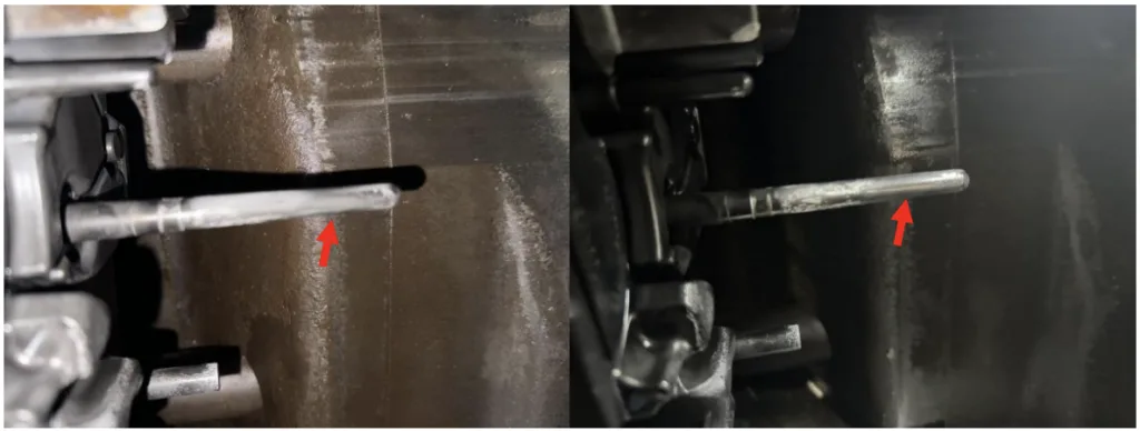 Figure 6.9: Core pin after 100 shots of A380 (left) and after 100 shots of A380Mg0.6
(right). The A380Mg0.6 core pin is visibly cleaner than the A380 with less solder at the
tip and base.