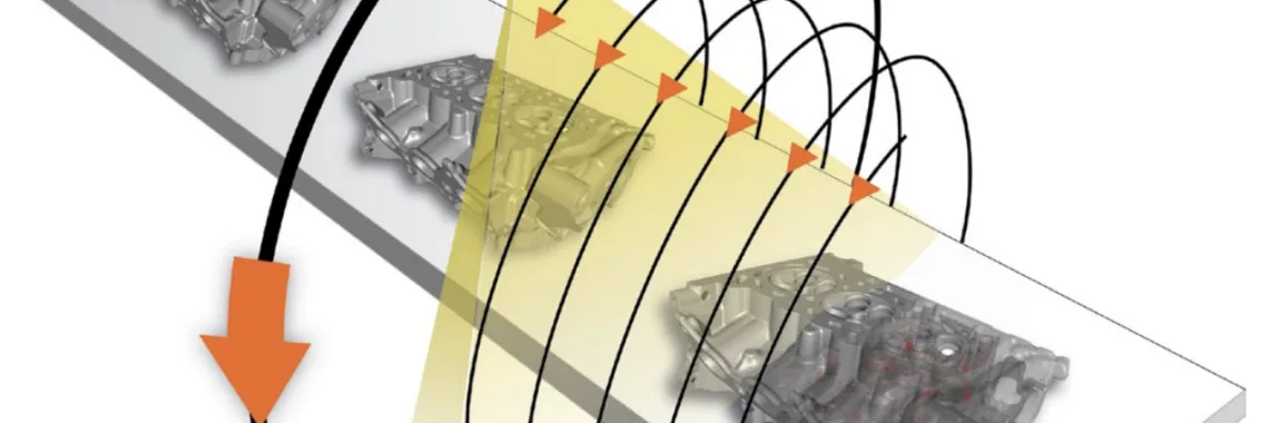 Figure 1: In a high-speed, automatic helix in-line CT unit the gantry, which accommodates the x-ray tube and the multi-line detector arranged opposite, rotates about the specimens on the conveyor belt [6]