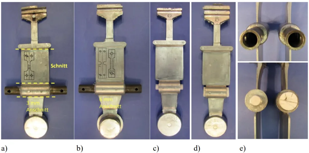 Abbildung 4.16: Darstellung der Versuchsergebnisse aus den Druckgussumgussversuchen,
a) Verbundgussgeometrie mit 3mm-Anschnitt mit eingezeichneten Trennebenen und
Zugprobenentnahmeposition, b) Verbundgussgeometrie mit 6mm-Anschnitt, c) Umgussgeometrie mit ∅ 17 𝑚𝑚 Salzkern, d) Umgussgeometrie mit ∅ 30 𝑚𝑚 Salzkern, e) Darstellung
der Abbildungen a - d in den Seitenansicht