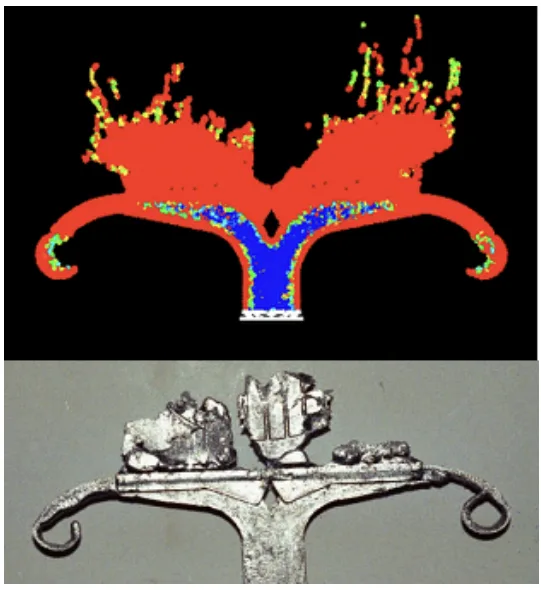 Figure 6: Short shot with 10% volume fill: (top), simulation (bottom) experiment. For TDIE = 27o C and metal super-heat TAL = -10oC.