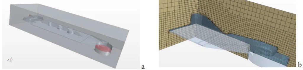 Figure 3: Three cam test geometry with simple inlet and outlet (a) and the high resolution mesh with
2.4 Mio cells, 1.8 Mio in part region. 3 prism layer at the melt/mold interface were used for a high
resolution of the velocity and temperature gradients.