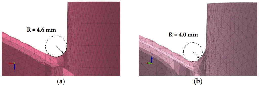 ure 2. Curvature radius conditions between the hub and blades of the propeller: (a) 4.6 mm; (b) 4.0 mm. R = 4.6 mm R = 4.0 mm Figure 2. Curvature radius conditions between the hub and blades of the propeller: (a) 4.6 mm; (b) 4.0 mm.