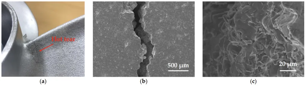 Figure 3. Hot tearing in Al-6Zn-2Mg-1.5Cu propeller: (a) appearance of hot tearing; (b) SEM image of hot tearing; and (c) SEM image of fracture surface microstructure of hot tearing.