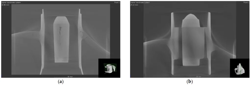 Figure 9. Internal defect investigation of aluminum alloy propellers through CT analysis: (a) commercially available Al-7Si-0.3Mg alloy propeller; (b) developed LPDC Al-6Zn-2Mg-1.5Cu propeller.