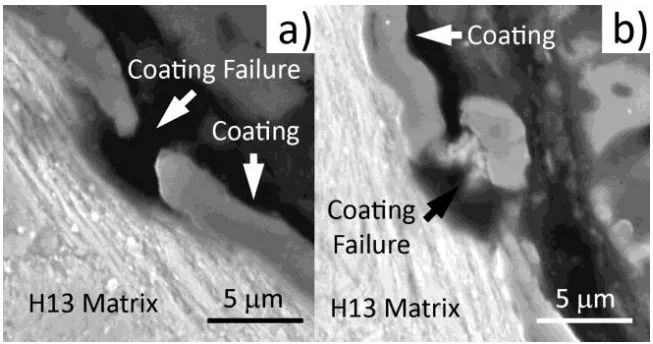 Figure 4: SEM images illustrating coating failure in two ways: (a) cracked and (b) detached.