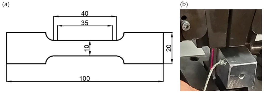 Figure 1. Sample for the tensile test (a) and the heating equipment (b), LabTest Model 5.100SP1, used for the tests.