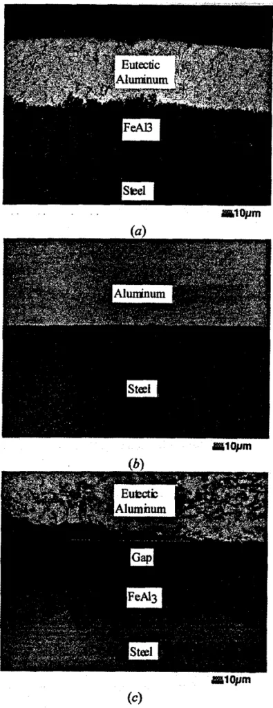 Figure 2: Three typical microstructure observed at the die surface for three different cases: (a) soldering resulting in a metallurgical bond, (b) absence of reaction between steel and aluminum, and (c) intermetallic formation on the die in the absence of soldering.