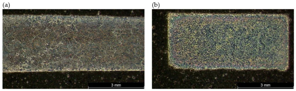 Figure 2. Macrostructure of the alloy in the cross-section: (a) Mg-Al-Zn, (b) Mg-Zn