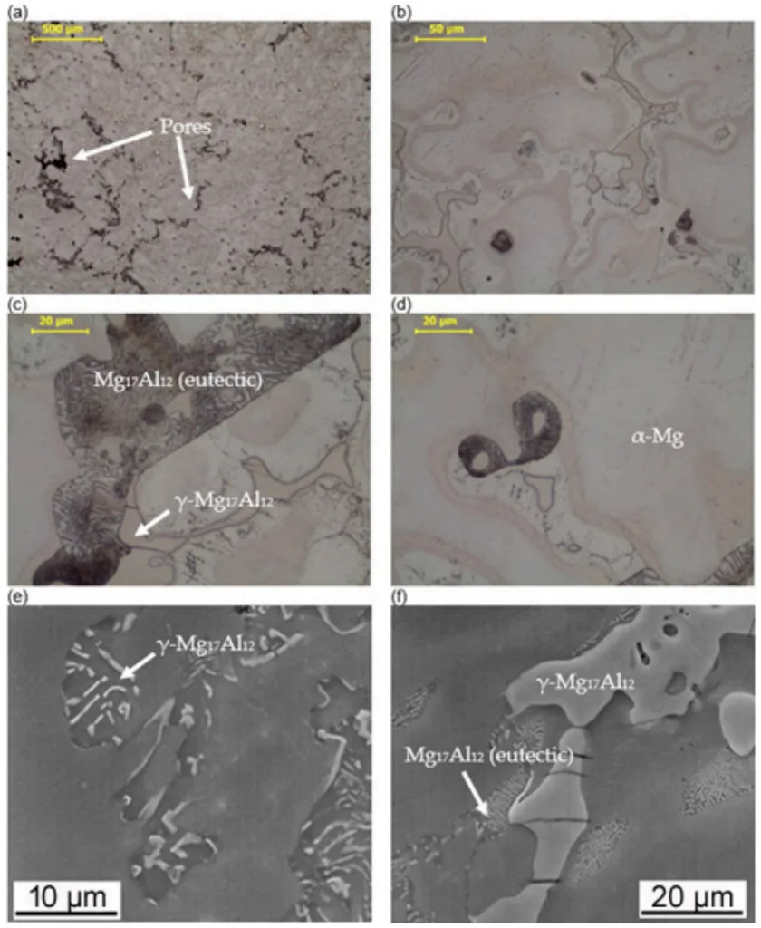 Figure 4. Microstructure of the Mg-Al-Zn alloy. (a–d) light microscopy, (e,f) SEM images.