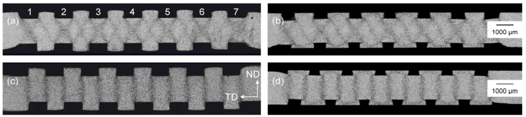Figure 5. Cross-section preparations of (a) structural rolling, mirrored, (b) flattening, mirrored, (c) structural rolling, shifted, (d) flattening, shifted.