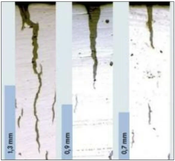 FIG. 7 Appearance of heat-checking cracks after 4.000 cycles 600 °C / water - a): steel 1.2343; b): steel HP 1; c): steel HTR. Aspetto delle cricche superficiali da fatica termica dopo 4.000 cicli a 600 °C / acqua - a): acciaio 1.2343; b): steel HP 1; c): acciaio HTR.