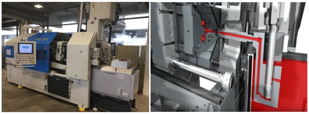 Fig. 4 Frech DAW125E hot chamber die casting machine at Aalen University (left); Schematic layout of a Frech hotchamber machine during the filling process (right). The flow of the melt is marked in red [