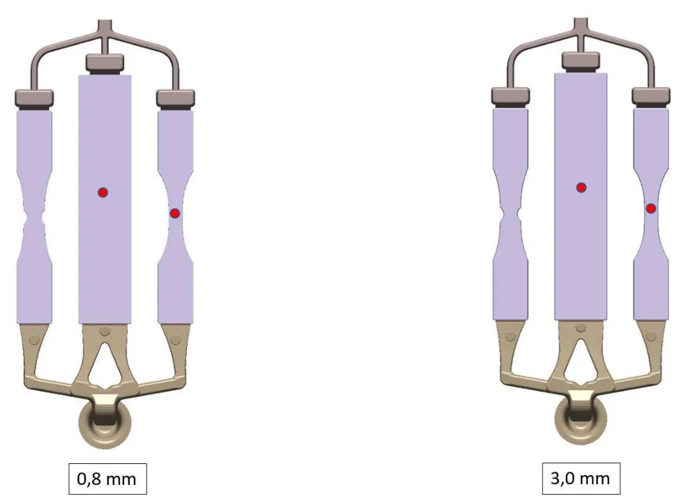Fig. 5 Overview of the test samples with sprue and overflow system 0.8 mm wall thickness (left) 3.0 mm wall thickness (right). The red points mark the measuring points at which the values for the cooling rate and the temperature at the end of the mold filling were taken from.
