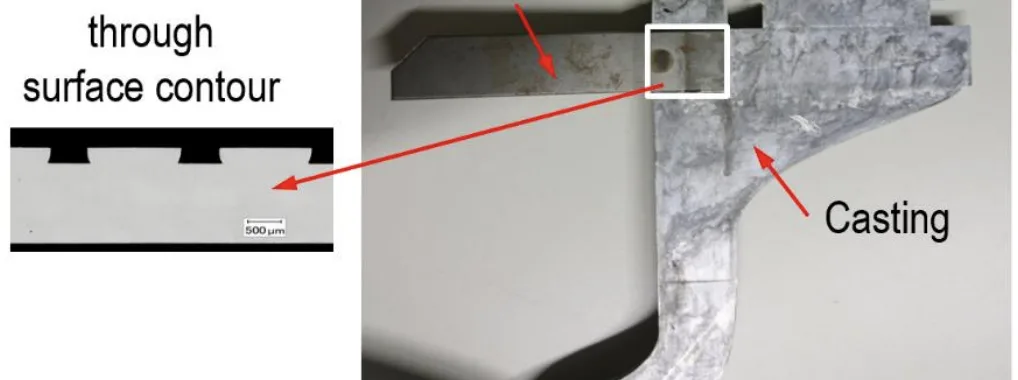 Figure 1. Hybrid HPDC casting with gating system, casting and metal sheet. The metal sheet is connected to the casting by the surface contour of the metal sheet (ribs), which is filled by the melt.