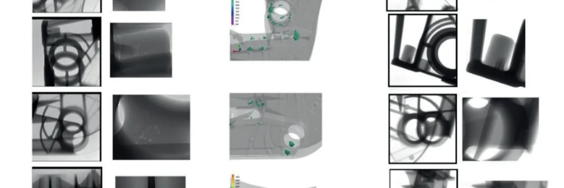 Fig. 4 - Porosity identify by a) X-ray on components from the first experimental activity, b) FEM simulations, c) X-ray on components from the final experimental activity (optimization of process parameters)