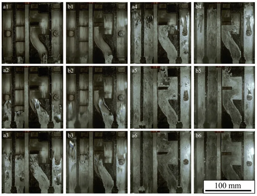 Figure 5. Flow characteristics at different velocities of injection: : (a1–a6) 1.0 m/s, (b1–b6) 1.5 m/s