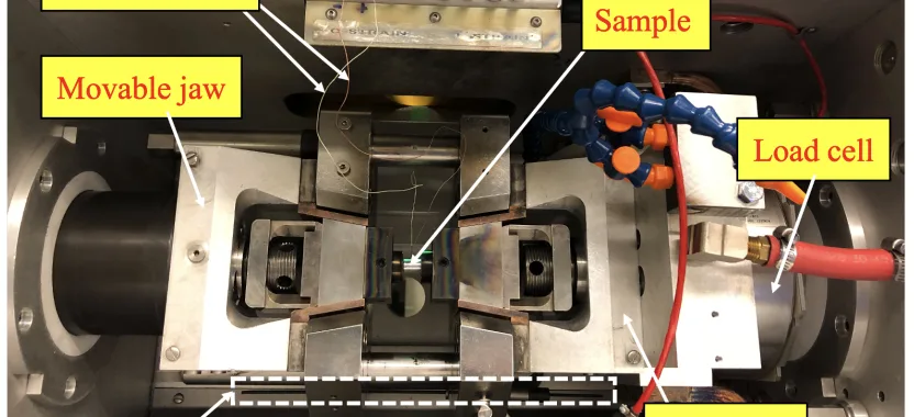 Figure 4.1: Compression chamber of Gleeble-3800 thermo-mechanical simulator showing the sample, thermocouple, load cell and L-gauge.
