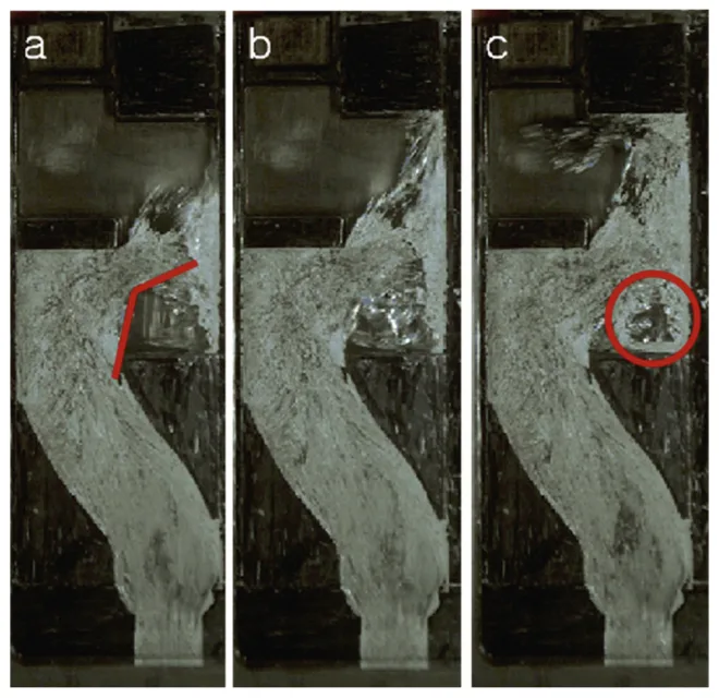 Figure 10. Flow pattern of liquid metal at S2 position at injection velocity of 1.0 m/s. (a) t1; (b) t2; (c) t3.