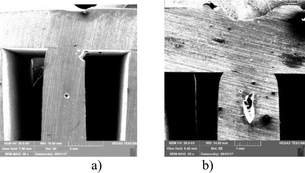 Figure 3. Weld macrostructures: а) Sound weld 1; b) Inferior weld 3.