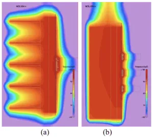 Figure 7. Cross Section Temperature Profiles in Natural Convection for assembly in Figure 2. (a) Top view and (b) Side view. Temperature range shown is 60 to 100°C.