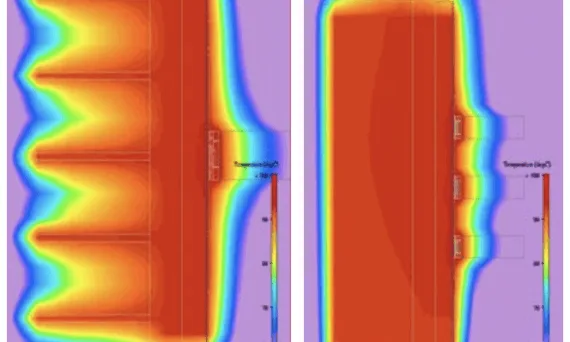 Figure 7. Cross Section Temperature Profiles in Natural Convection for assembly in Figure 2. (a) Top view and (b) Side view. Temperature range shown is 60 to 100°C.