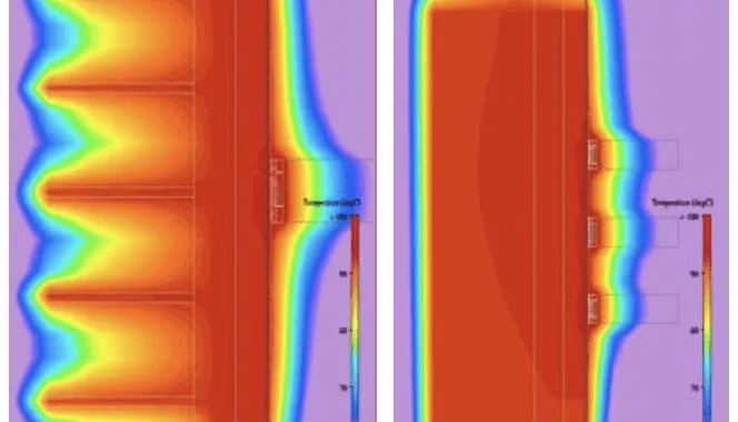 Figure 7. Cross Section Temperature Profiles in Natural Convection for assembly in Figure 2. (a) Top view and (b) Side view. Temperature range shown is 60 to 100°C.