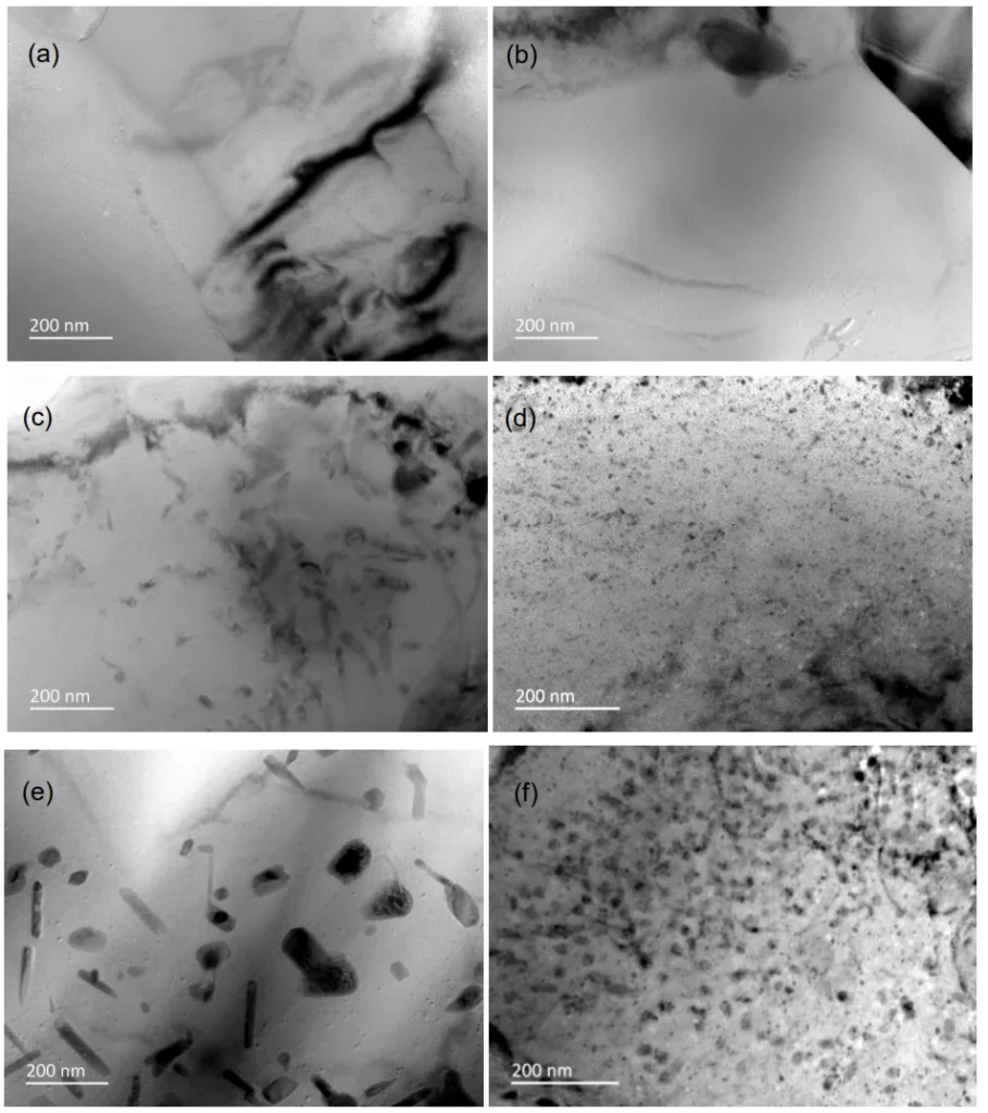 Fig. 4.66 TEM micrographs showing the precipitates of AlMgZn phase in the primary α-Al phase
of the Al-8Mg2Si-6Mg-0.6Mn-xZn alloy,(a) 0wt. % Zn under as-cast condition,(b) 0 wt. % Zn
under solution and aged condition, (c) 2.3wt. % Zn under as-cast condition, (d) 2.3wt. % Zn under
solution and aged condition, (e) 4.3wt. % Zn under as-cast condition, (f) 4.3wt. % Zn under
solution and aged condition.