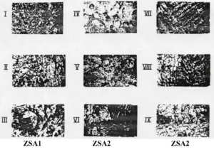 Figure 8. Microstructure (x100) of the ZSA1 (I, II, III) and ZSA2 (IV, V, VI) alloys when casting into nonmetallic and metallic (VII, VIII, IX) forms at the following casting temperatures: I, IV, VII - 450 °C; II, V, VII - 500 ° III, VI, IX - 550oC