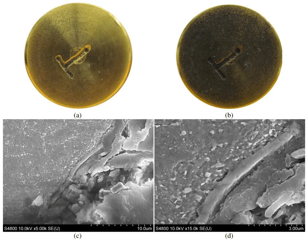 Figure 5: Accelerated test results on H-13 at 270 degree C oil after 15 minutes tested (a) and at 700 degree C molten salt after 2 minutes ultrasonic vibration (b) with the TiN coating Coating; SEM morphologies at 700 degree C molten salt (c and d).