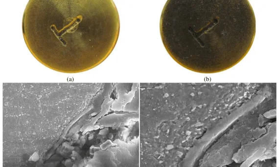 Figure 5: Accelerated test results on H-13 at 270 degree C oil after 15 minutes tested (a) and at 700 degree C molten salt after 2 minutes ultrasonic vibration (b) with the TiN coating Coating; SEM morphologies at 700 degree C molten salt (c and d).