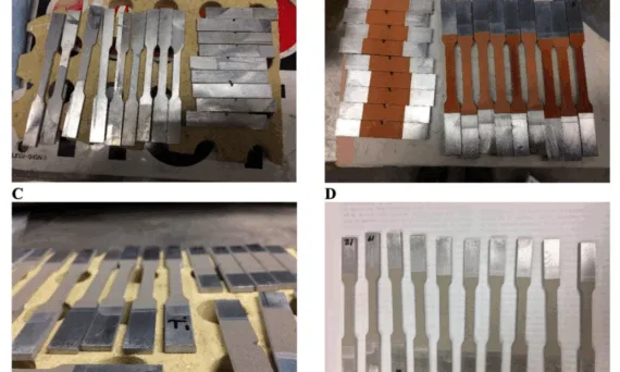 Figure 1. (A) Digital image of the waterjet cut HPDC A365 substrate/base material as reference specimens that therefore did not undergo cold gas dynamic spray (CGDS) processing. (B) Digital photo of the thinly coated and Cu CGDS processed A365 HPDC substrate specimens. (C,D) Digital images are similar to (B), where Ni and Ti were utilized as feedstock, respectively. For reference, the thickness of the base material (see (C) with the properly oriented specimen labeled “30”) was 2.5 mm before CGDS processing or postprocessing after that. Solution treatments we