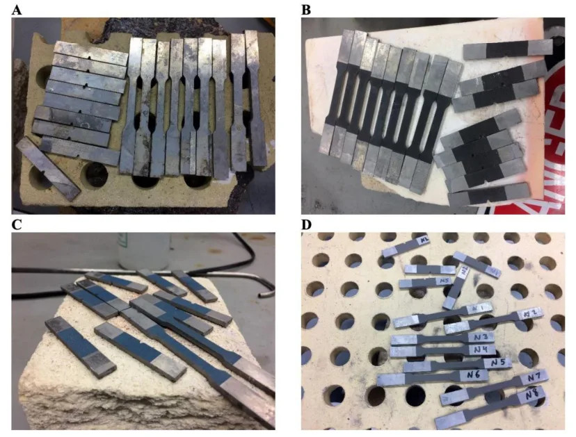 Figure 2. (A) Digital image of the thermally postprocessed HPDC A365 reference specimens procured during the current research effort. (B) Digital photo of the thermally postprocessed Cu CGDS coated HPDC A 365 substrate system. (C) Digital photo of the thermally postprocessed Ti CGDS coated HPDC A 365 substrate system. (D) Digital image of the thermally postprocessed Ni CGDS coated HPDC A 365 substrate system. Note that the same dimensional reference provided in Figure 1 holds here as well