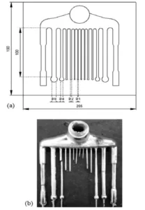 Figure 1: a) Parting plane of the metal mold for fluidity test and b) fluidity test casting