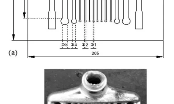 Figure 1: a) Parting plane of the metal mold for fluidity test and b) fluidity test casting