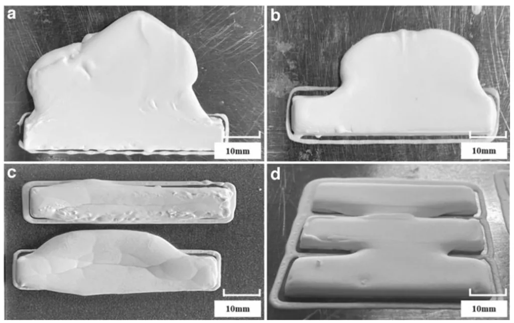 FIG. 2. Partial slurry printing characteristics with different solid contents: (a) 54 wt.%, (b) 56 wt.%, (c) 58 wt.%, (d) 60 wt.%.