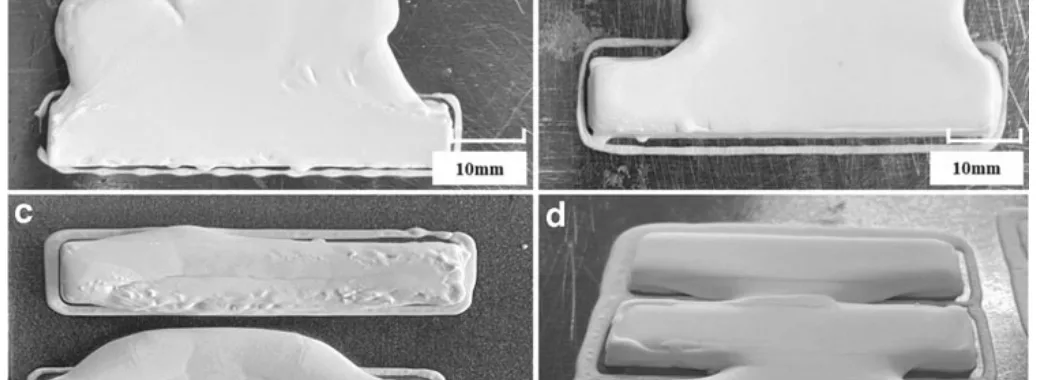 FIG. 2. Partial slurry printing characteristics with different solid contents: (a) 54 wt.%, (b) 56 wt.%, (c) 58 wt.%, (d) 60 wt.%.
