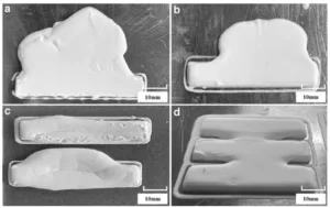FIG. 2. Partial slurry printing characteristics with different solid contents: (a) 54 wt.%, (b) 56 wt.%, (c) 58 wt.%, (d) 60 wt.%.